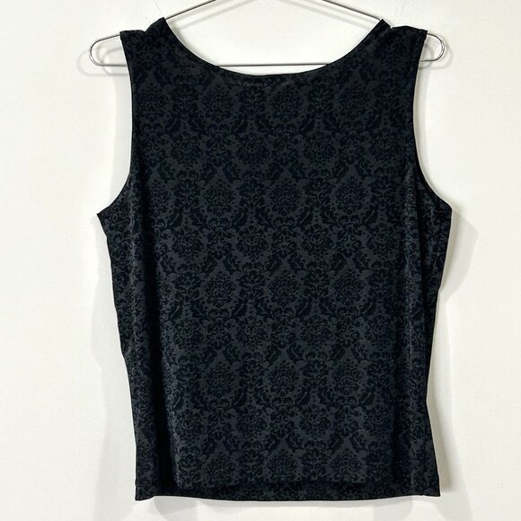 VTG FASHION BUG 90s Sleeveless Blouse Sz L Black Floral Silky Shell Round Neck - Picture 2 of 7